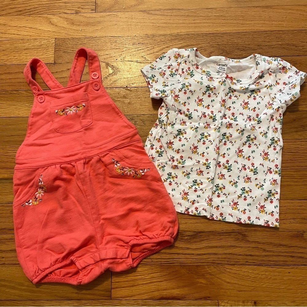Carter's | Coral 2-Piece Floral Tee & Shortalls Set | 24 mo - Picture 1 of 8
